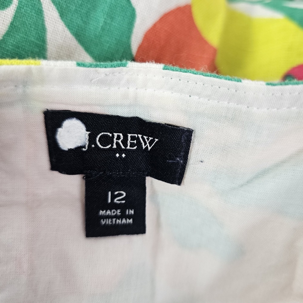 J. Crew Linen Blend Printed Mini‎ Dress A-Line Tiered Floral Fruit Pockets Sz 12 - Picture 3 of 9